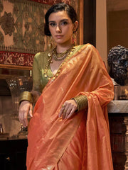 Orange Banarasi Tussar Silk Woven Saree