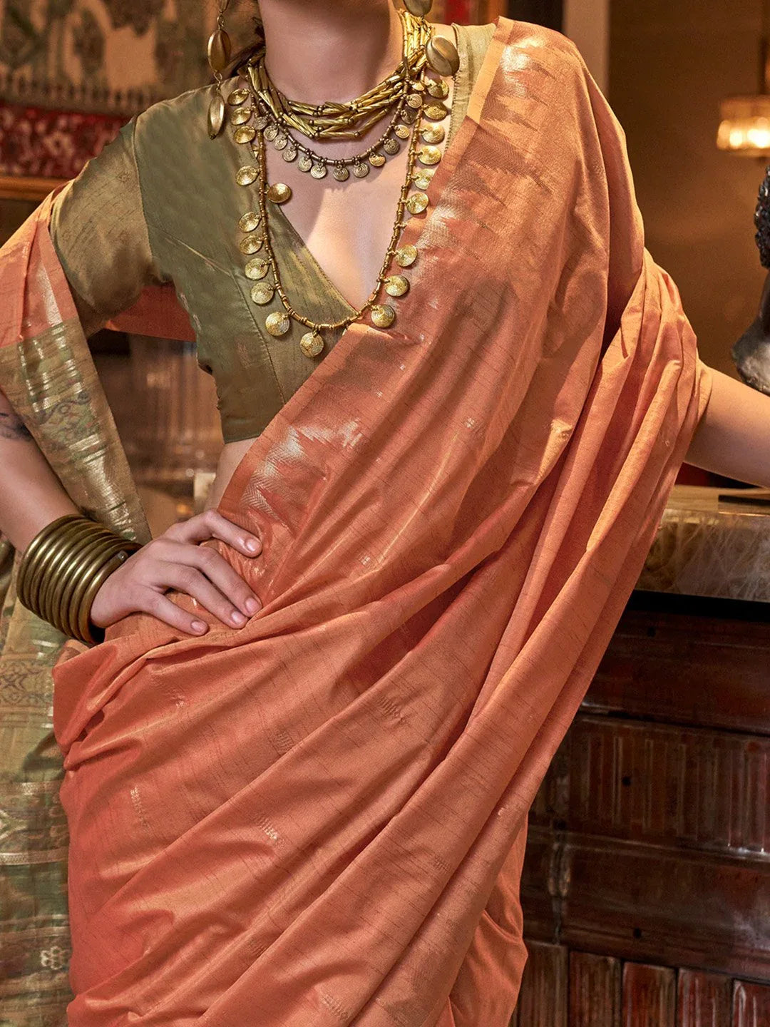 Orange Banarasi Tussar Silk Woven Saree