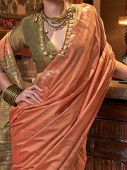 Orange Banarasi Tussar Silk Woven Saree