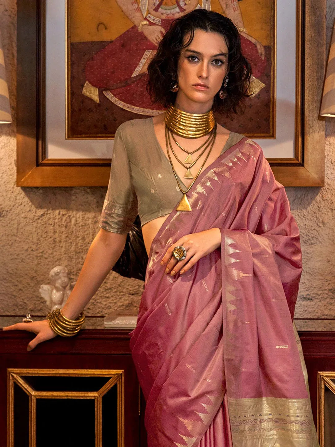 Blush Pink Tussar Soft Silk Saree - The Dori Store