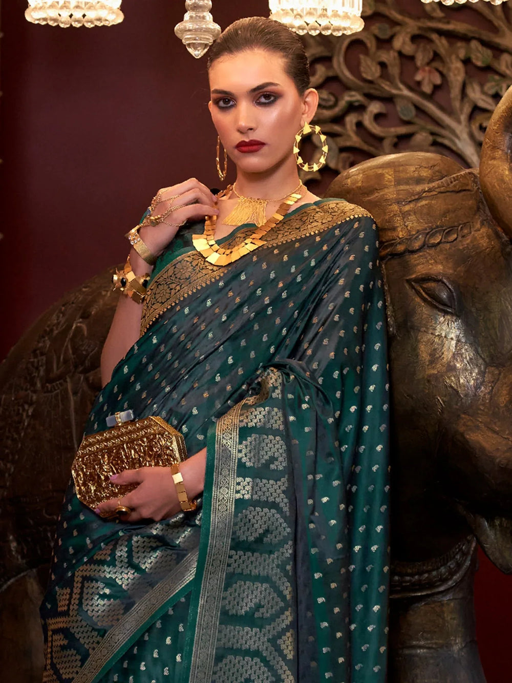 Dark Green Banarasi Satin Silk Saree - The Dori Store