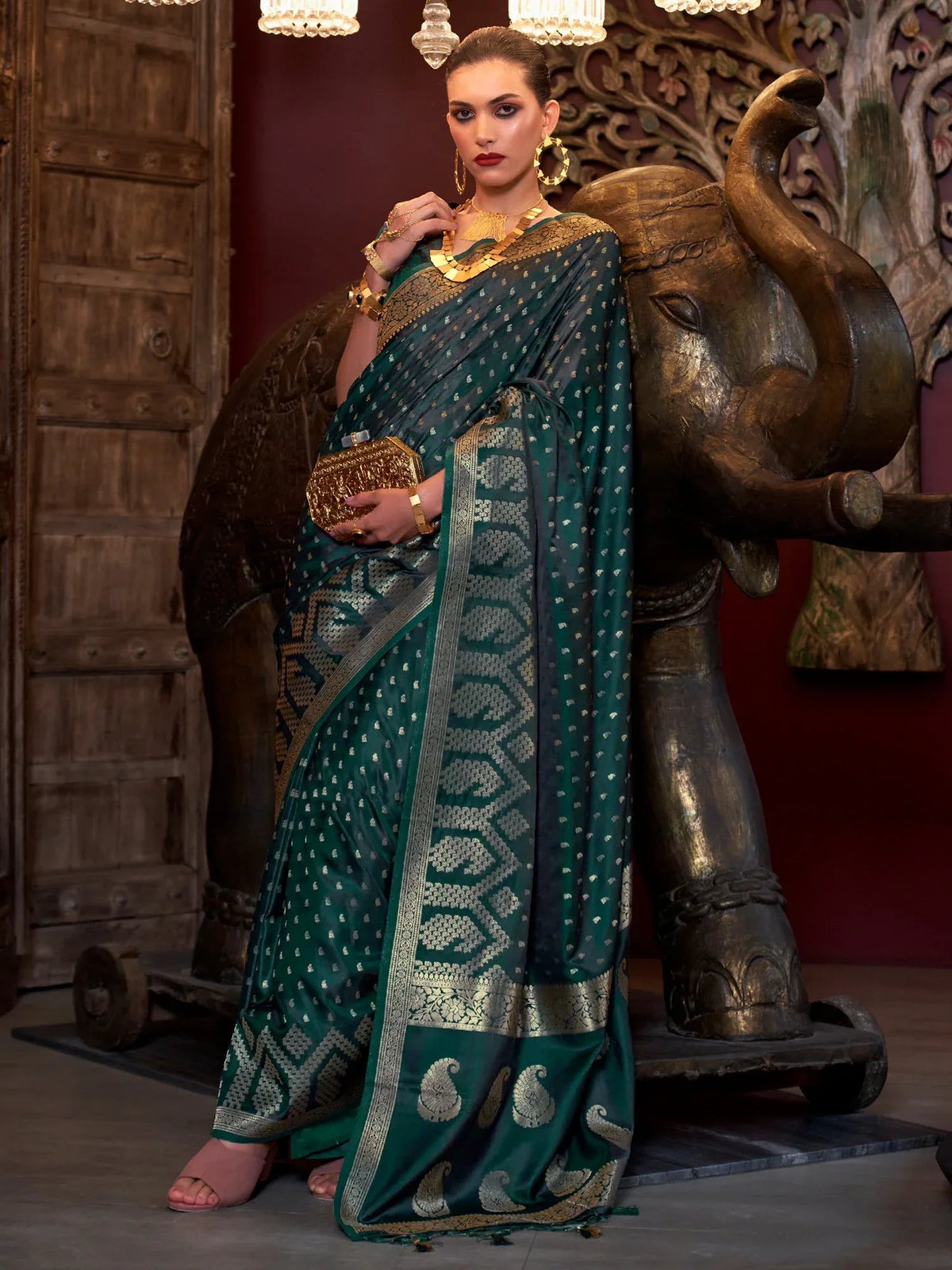 Dark Green Banarasi Satin Silk Saree - The Dori Store