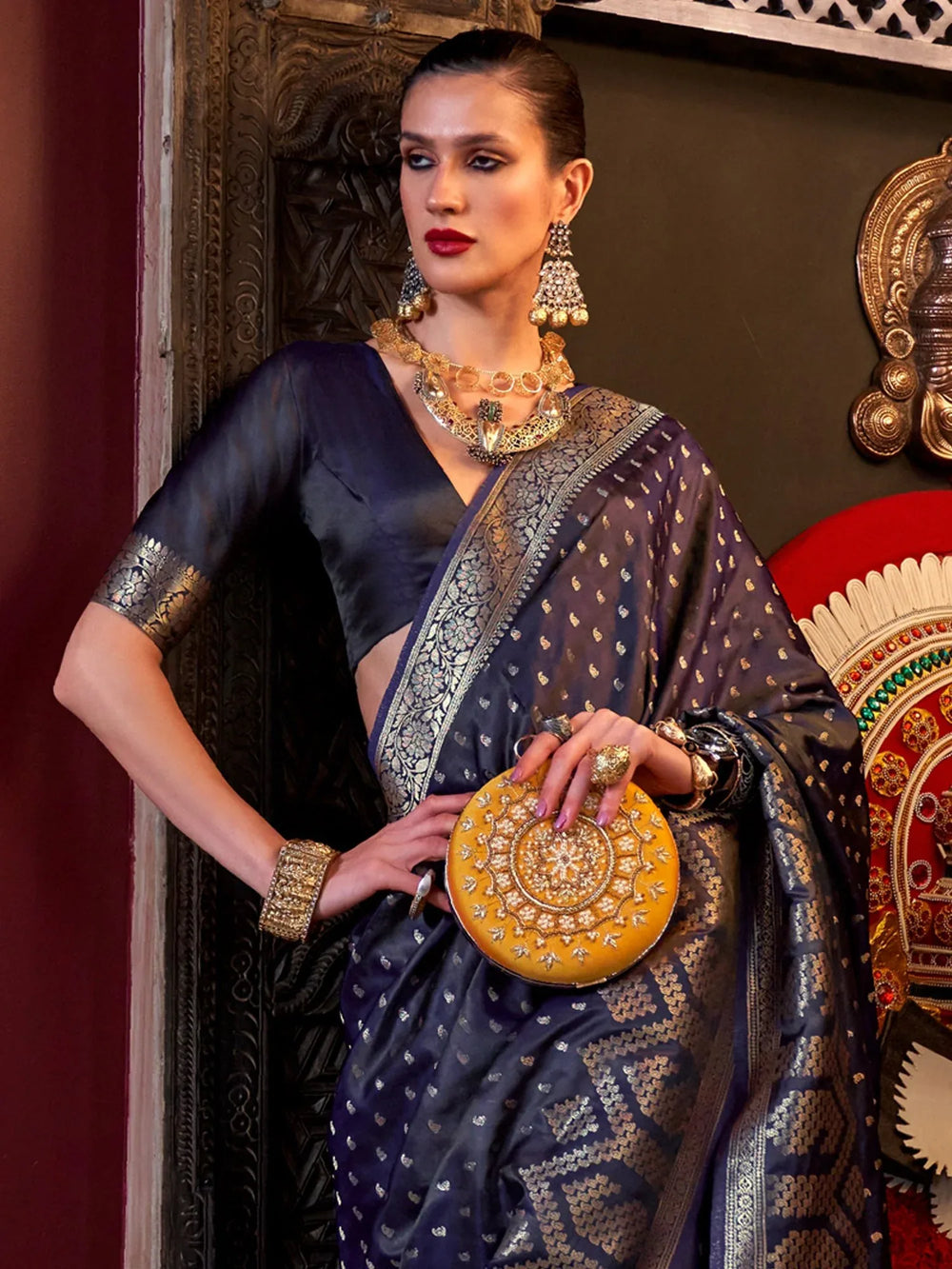 Dark Blue Banarasi Satin Silk Saree - The Dori Store