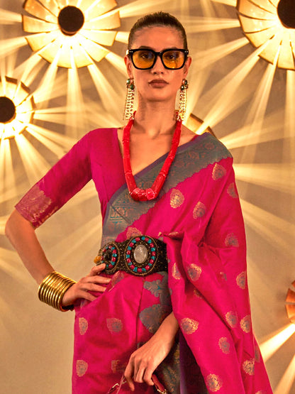 Pink Banarasi Silk Blend Woven Saree