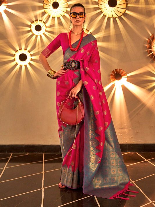 Pink Pink Banarasi Silk Blend Woven Saree
