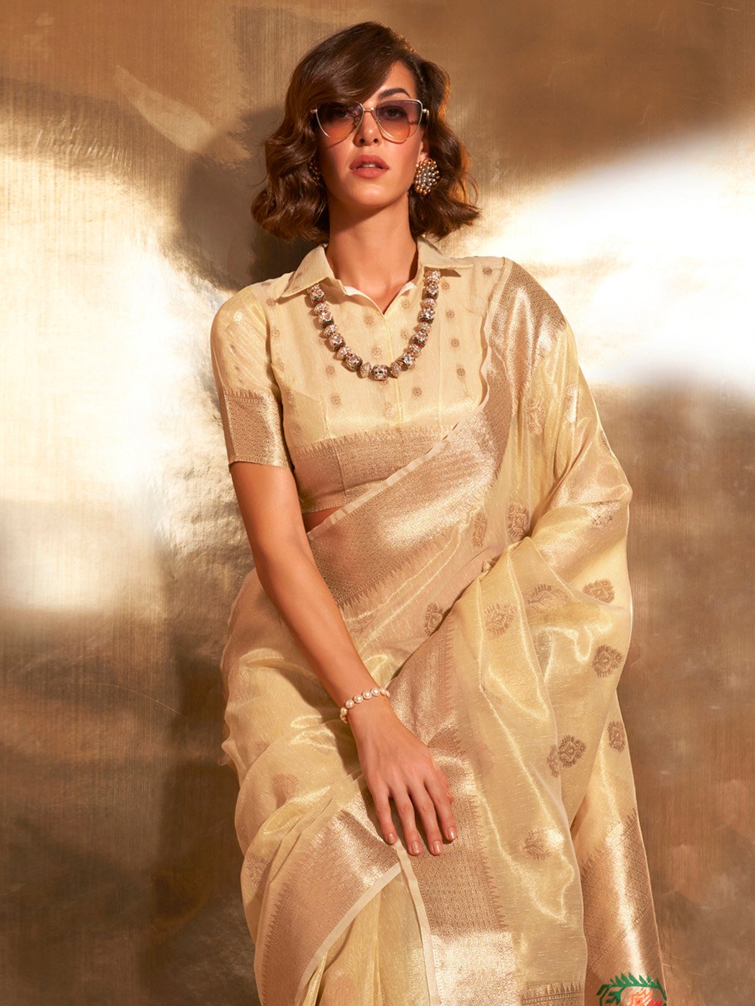 Yellow Banarasi Tissue Woven Saree