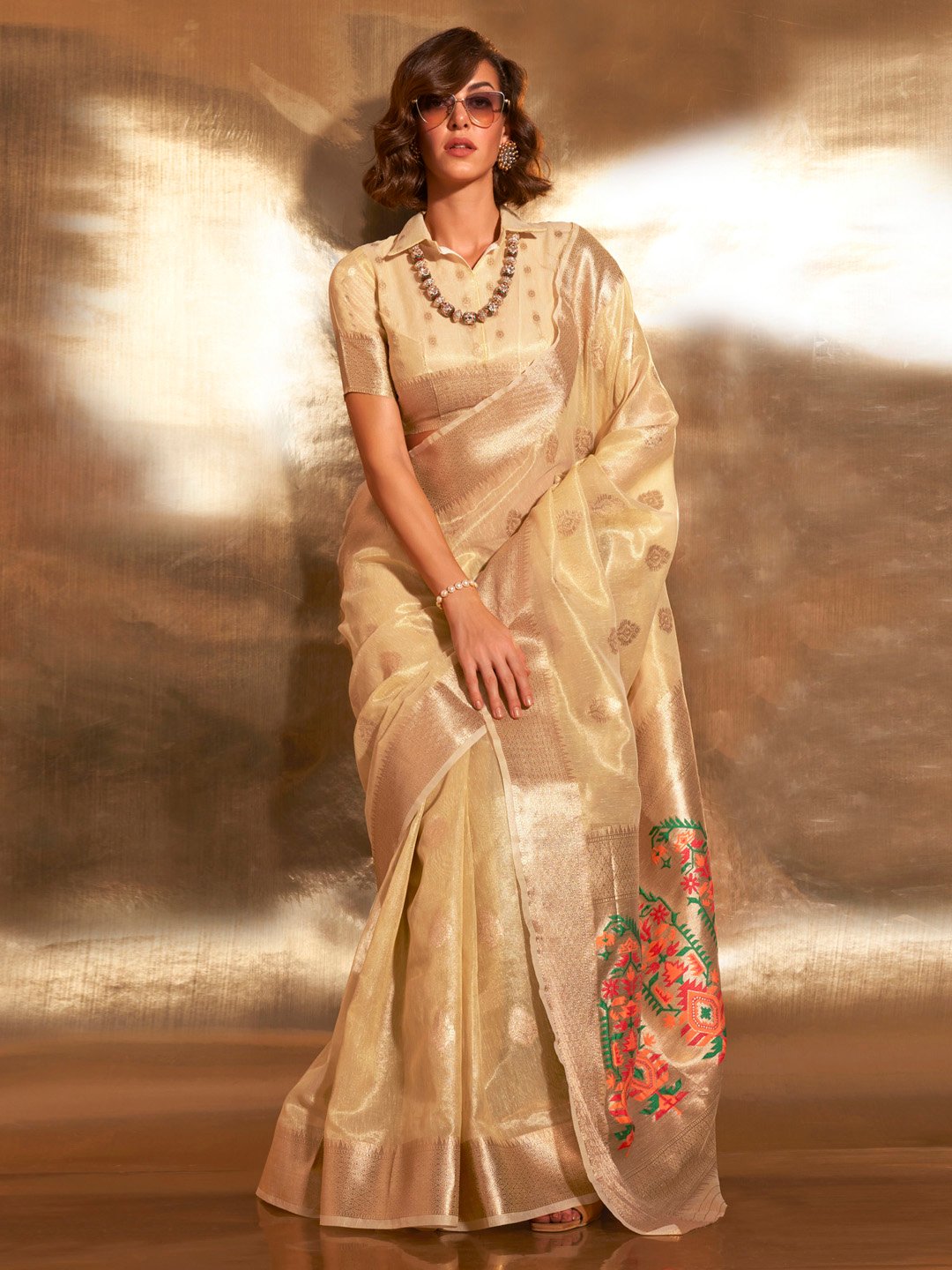 Golden Yellow Banarasi Tissue Woven Saree
