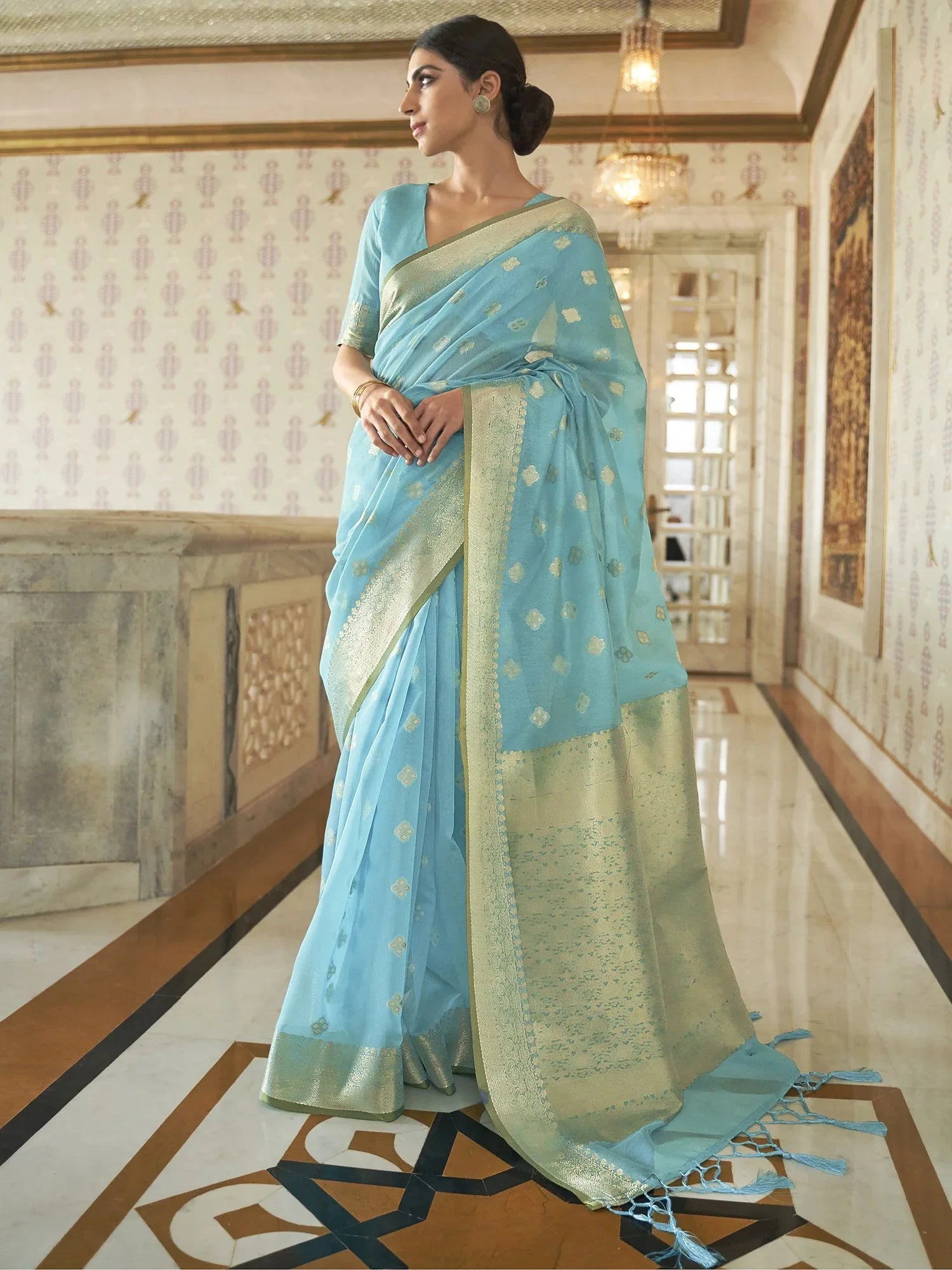 Ethnic Light Blue Banarasi Silk Saree - The Dori Store