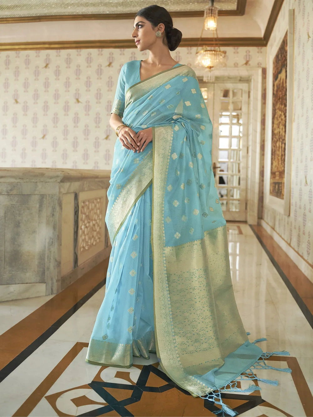 Ethnic Light Blue Banarasi Silk Saree - The Dori Store