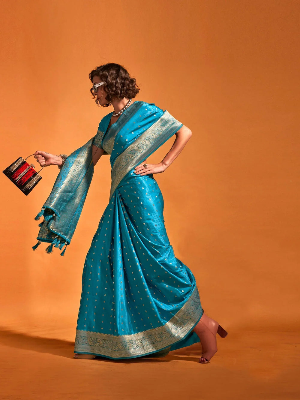 Classic Blue Banarasi Satin Silk Sare - The Dori Store