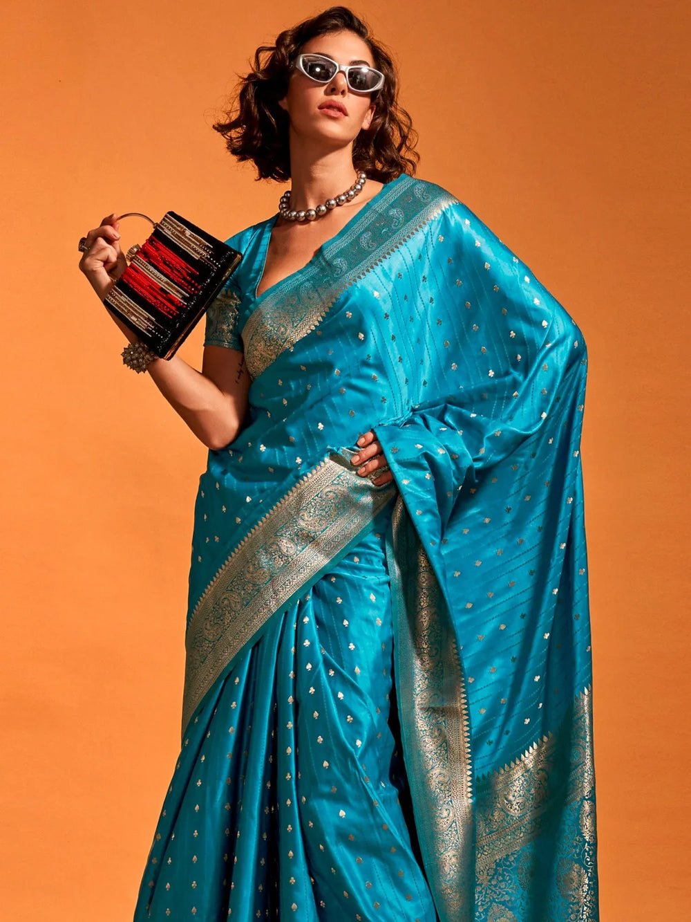 Classic Blue Banarasi Satin Silk Sare - The Dori Store