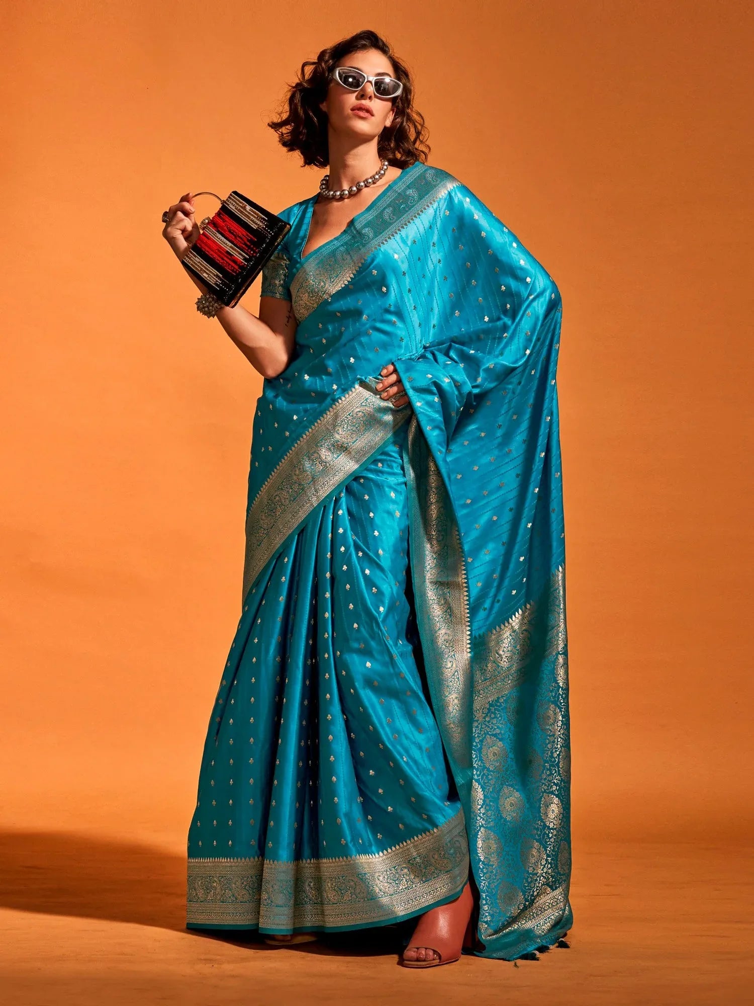 Classic Blue Banarasi Satin Silk Sare - The Dori Store