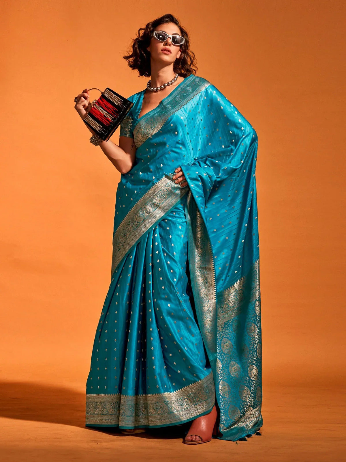 Classic Blue Banarasi Satin Silk Sare - The Dori Store