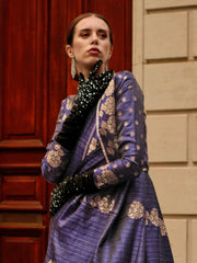 NavyBlue Banarasi Satin Silk Woven Saree - The Dori Store