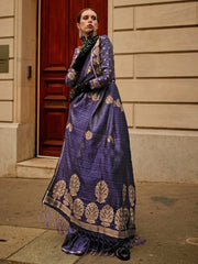 NavyBlue Banarasi Satin Silk Woven Saree - The Dori Store