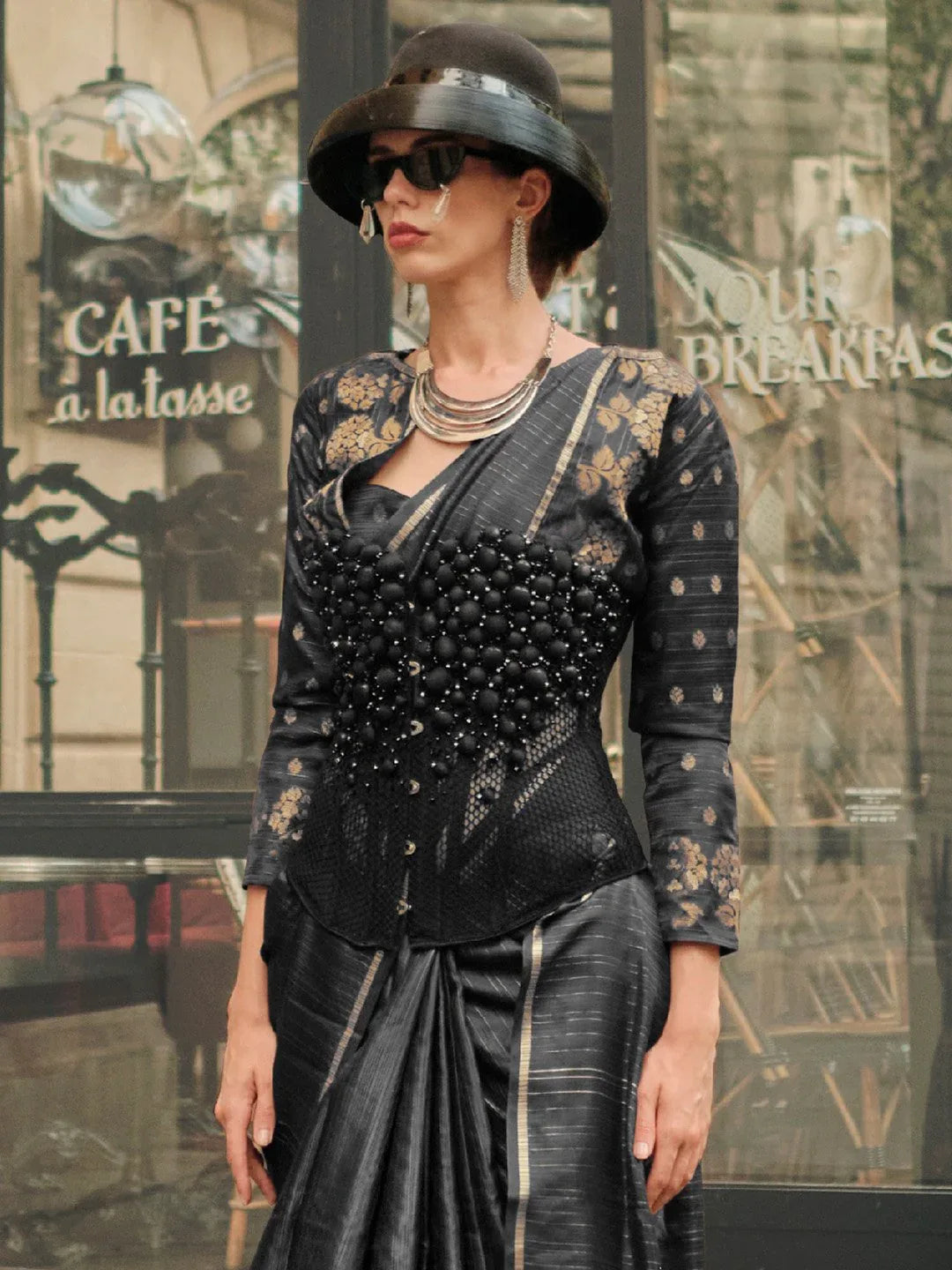 Black Banarasi Satin Silk Woven Saree