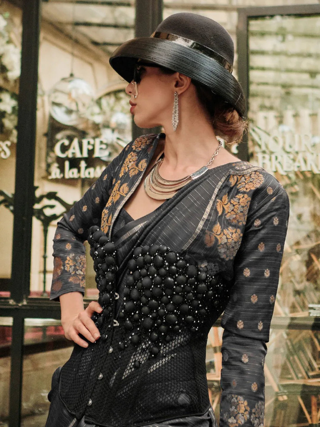 Black Banarasi Satin Silk Woven Saree