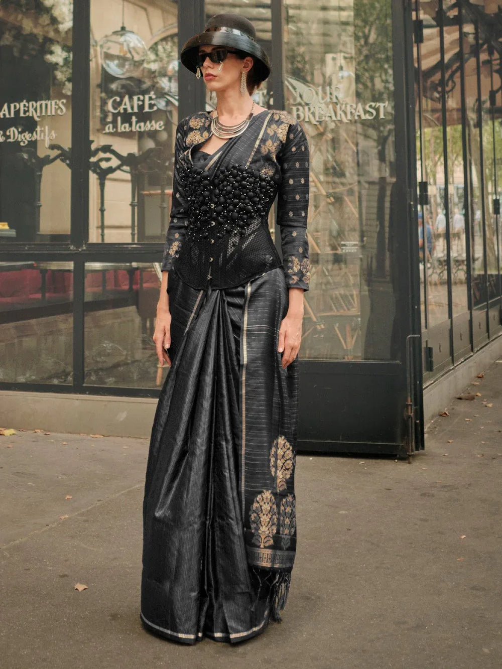 Black Black Banarasi Satin Silk Woven Saree