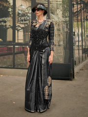 Black Black Banarasi Satin Silk Woven Saree