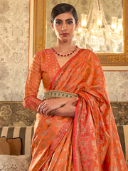 Orange Banarasi Silk Blend Woven Saree