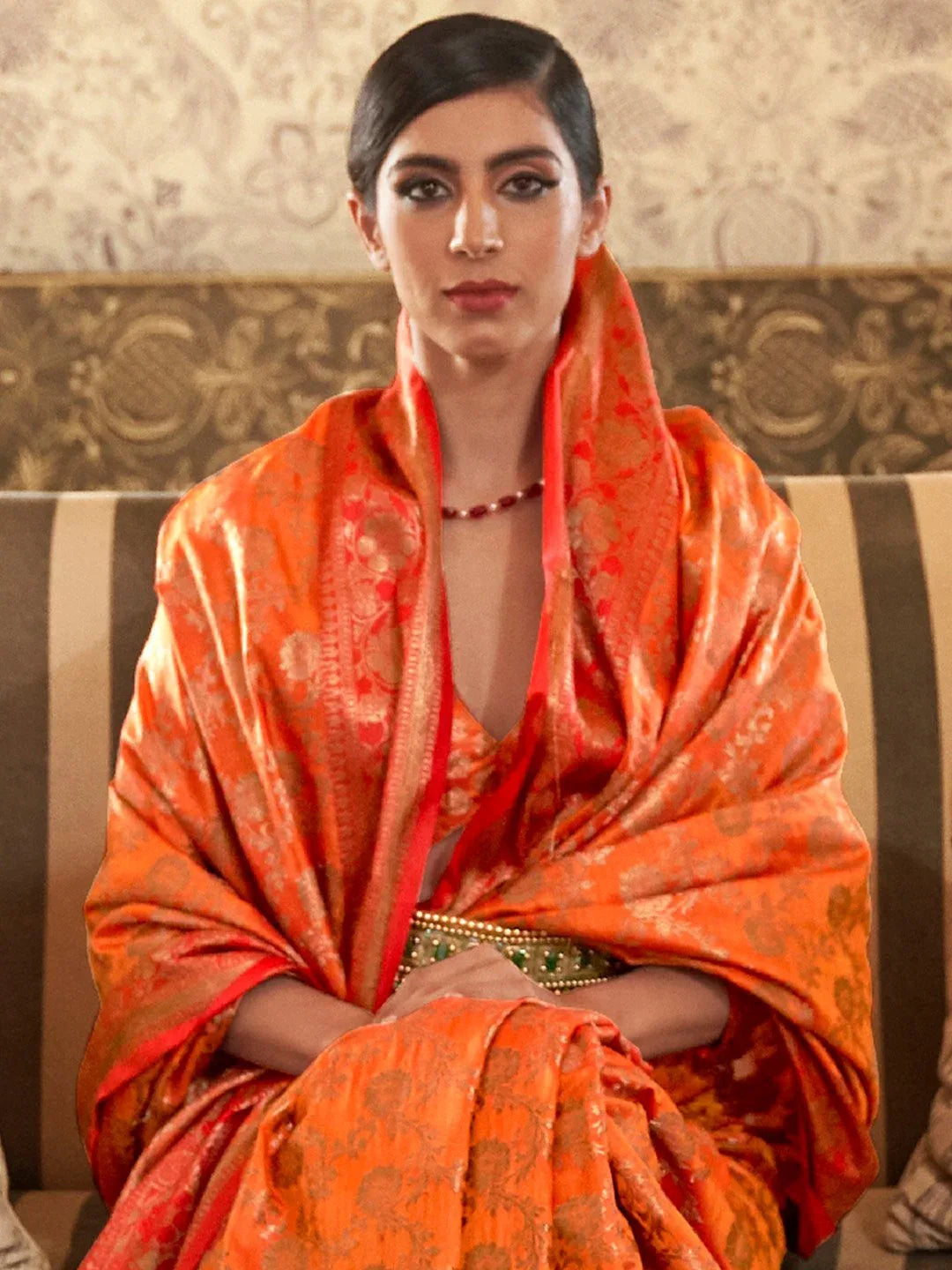 Orange Banarasi Silk Blend Woven Saree