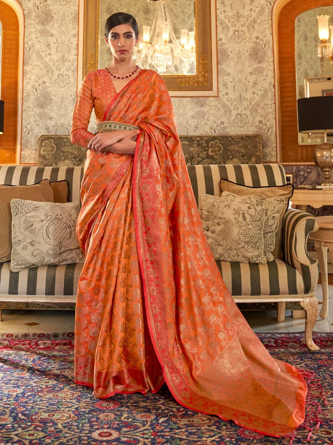 Orange Orange Banarasi Silk Blend Woven Saree