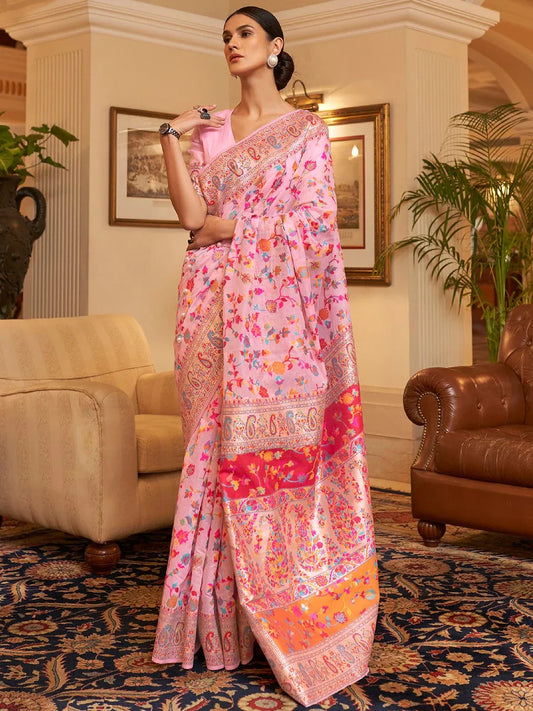 Pink Pink Phulkari Silk Blend Woven Saree