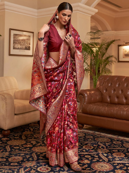 Maroon Maroon Phulkari Silk Blend Woven Saree
