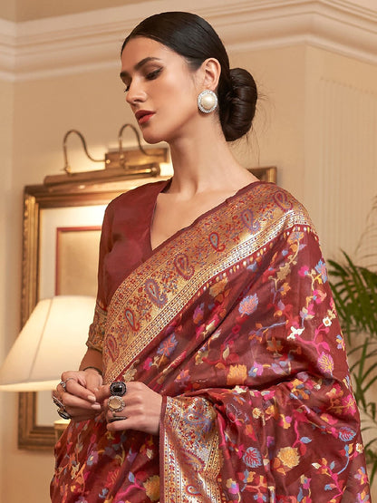 Maroon Phulkari Silk Blend Woven Saree