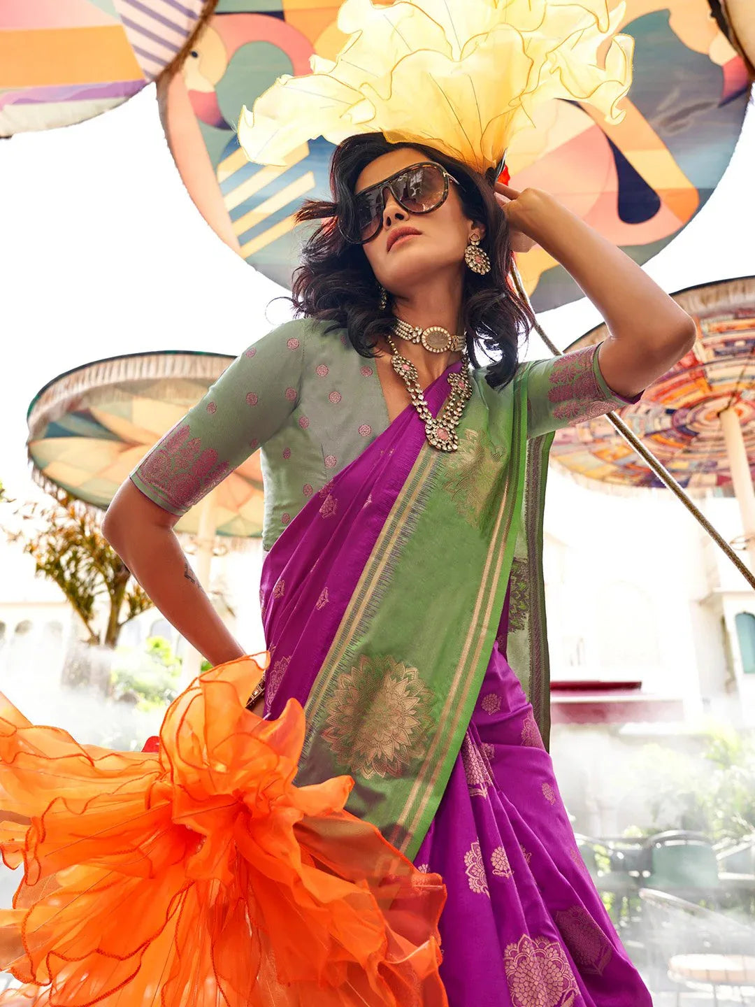 Green and Purple Banarasi Silk Saree - The Dori Store