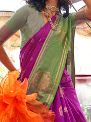 Green and Purple Banarasi Silk Saree - The Dori Store