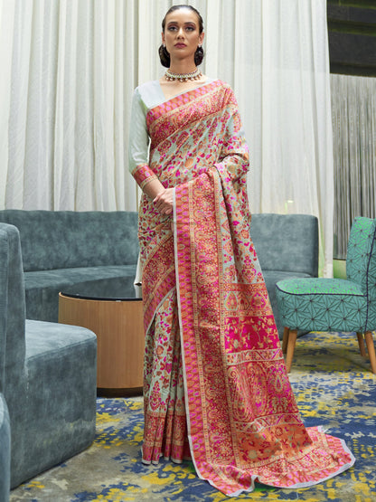 Blue SeaGreen Banarasi Cotton Blend Woven Saree