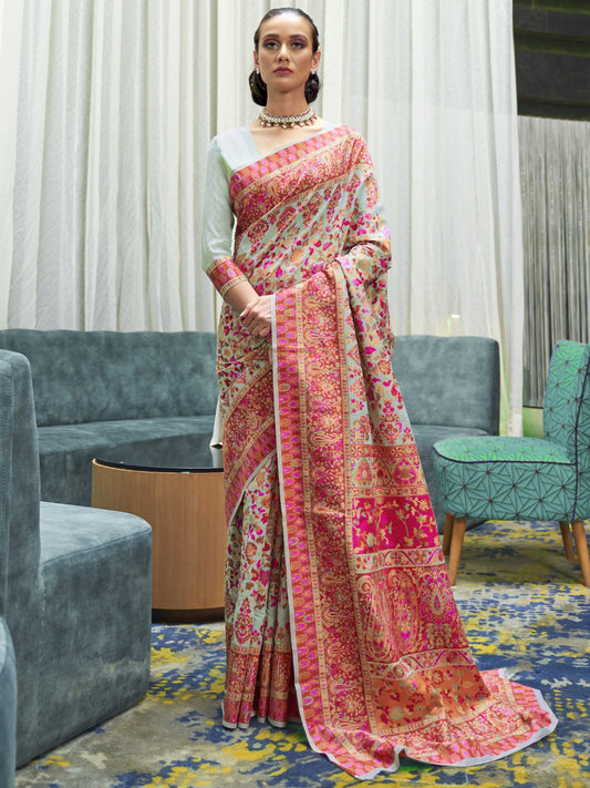 Blue SeaGreen Banarasi Cotton Blend Woven Saree