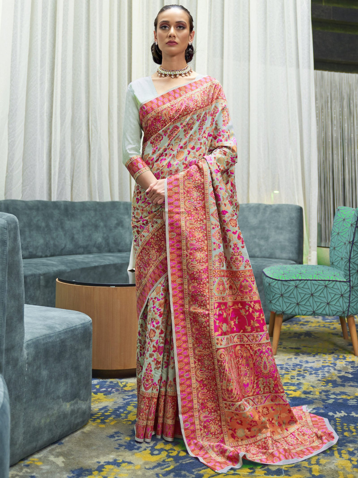 Blue SeaGreen Banarasi Cotton Blend Woven Saree