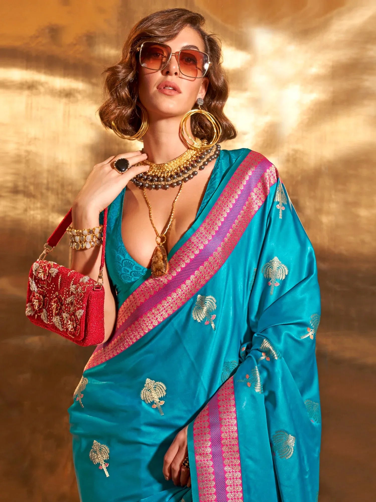 Bright Blue Banarasi Satin Silk Saree - The Dori Store