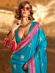 Bright Blue Banarasi Satin Silk Saree - The Dori Store