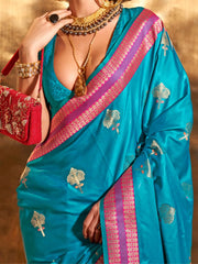 Bright Blue Banarasi Satin Silk Saree - The Dori Store