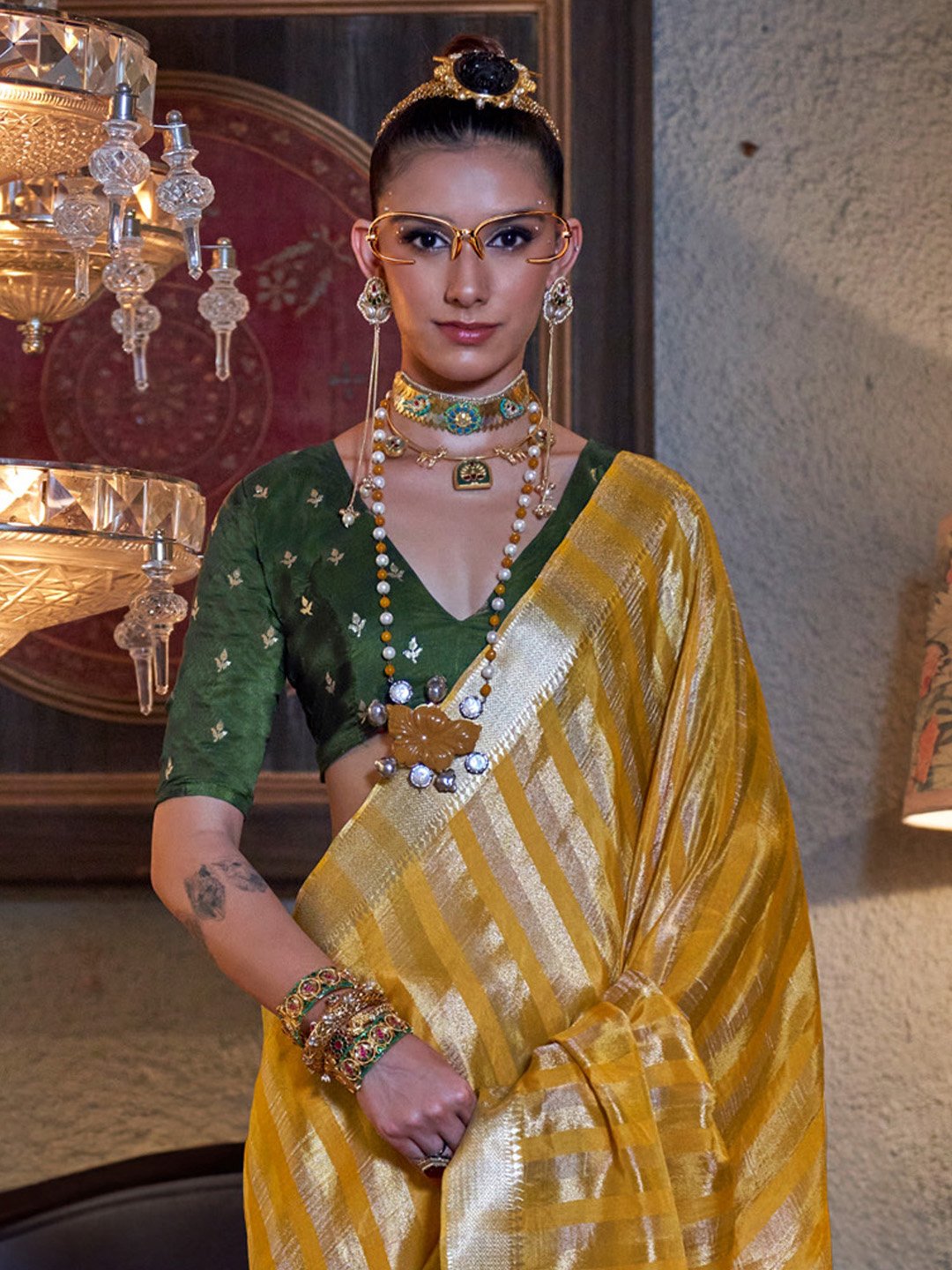 Yellow Banarasi Viscose Silk Woven Saree
