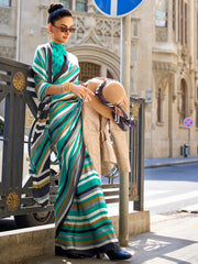 Green SeaGreen Block Print Crepe Digital Print Saree