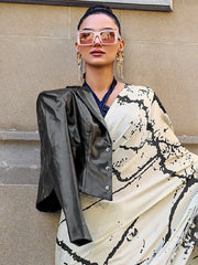 Cream Block Print Crepe Digital Print Saree