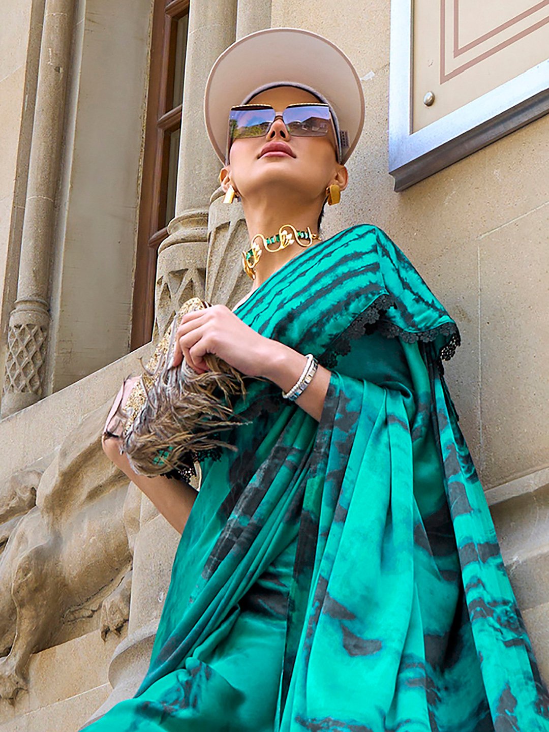 Tealblue Block Print Crepe Digital Print Saree