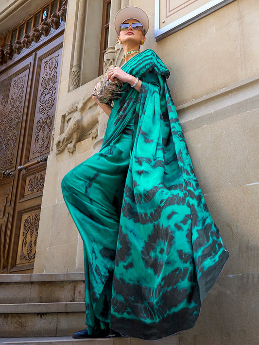 Blue Tealblue Block Print Crepe Digital Print Saree