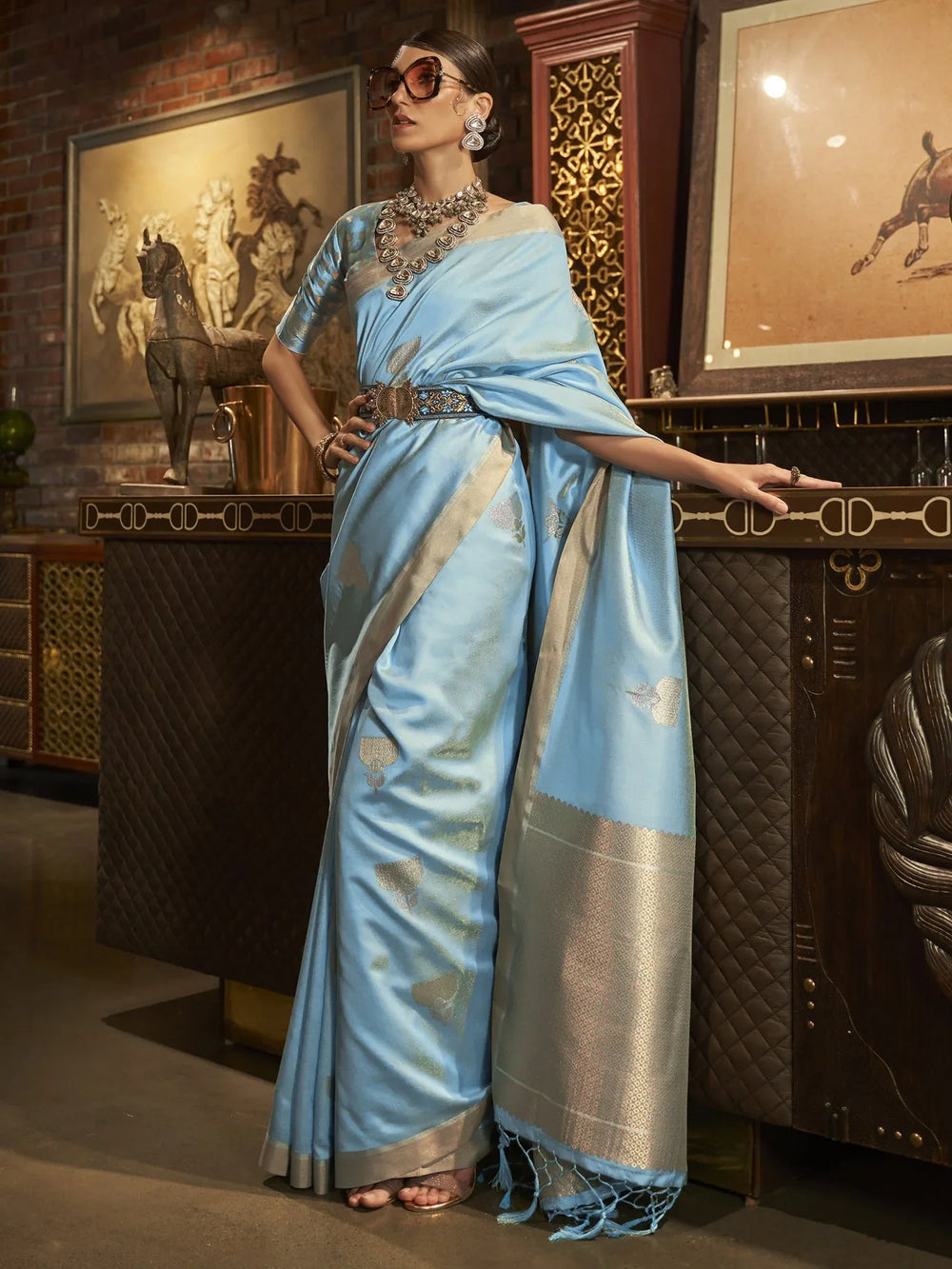 Light Blue Zari Handloom Banarasi Silk Saree - The Dori Store
