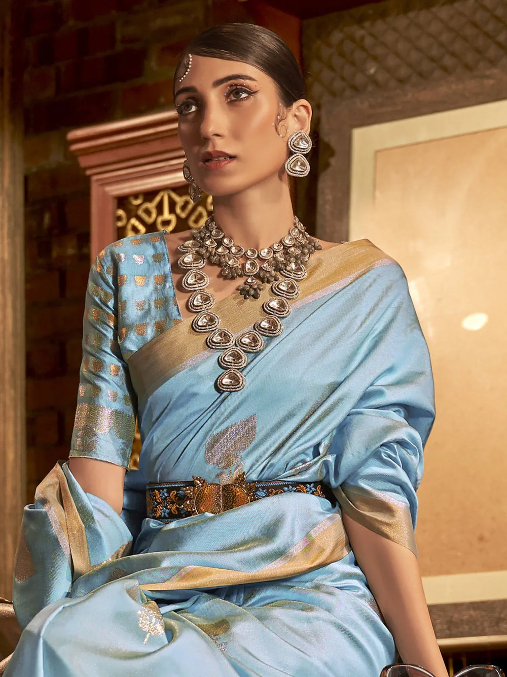 Light Blue Zari Handloom Banarasi Silk Saree - The Dori Store