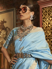 Light Blue Zari Handloom Banarasi Silk Saree - The Dori Store