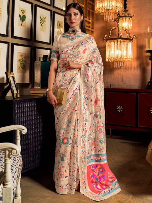 Cream Cream Banarasi Modal Woven Saree
