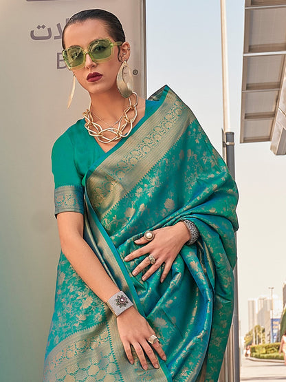 Teal Kanjeevaram Silk Woven Saree