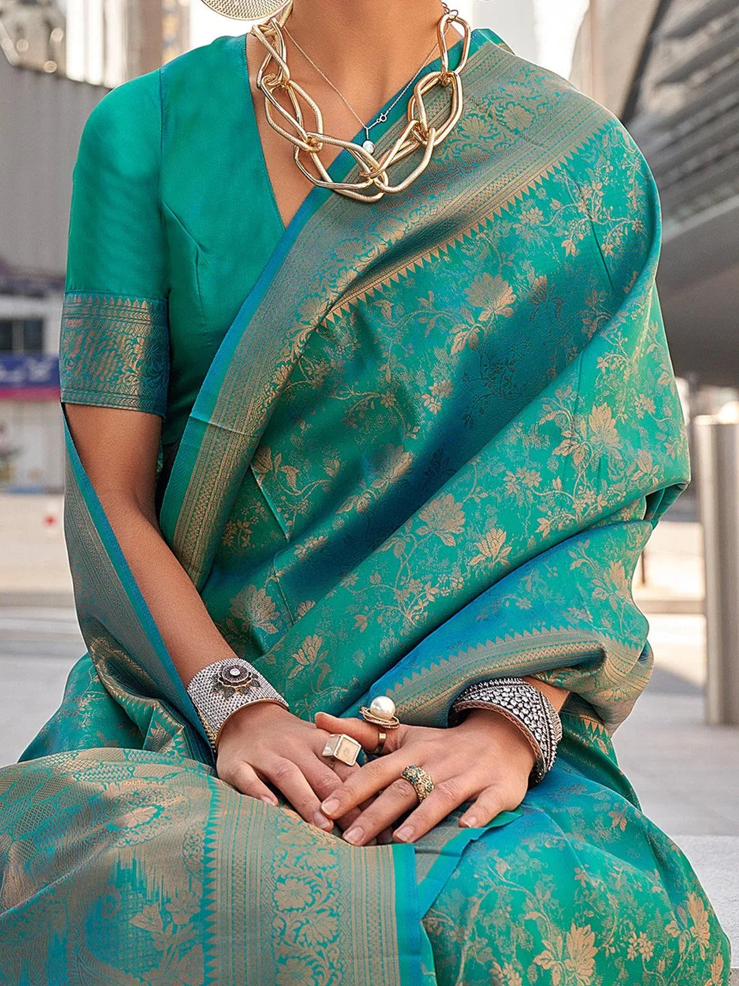 Teal Blue Festive Kanjeevaram Silk Woven Saree