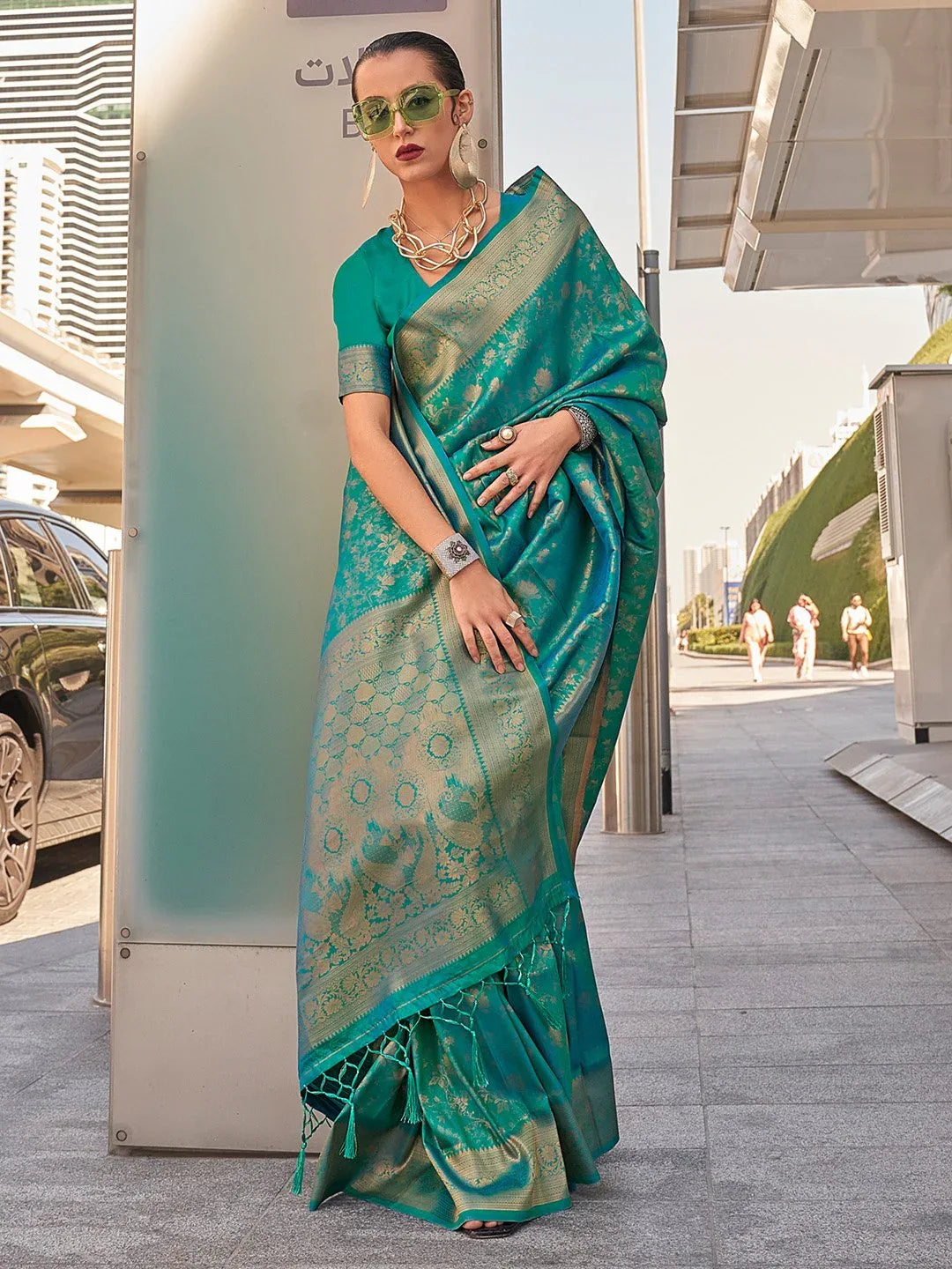 Green Teal Kanjeevaram Kanjeevaram Silk Woven Saree