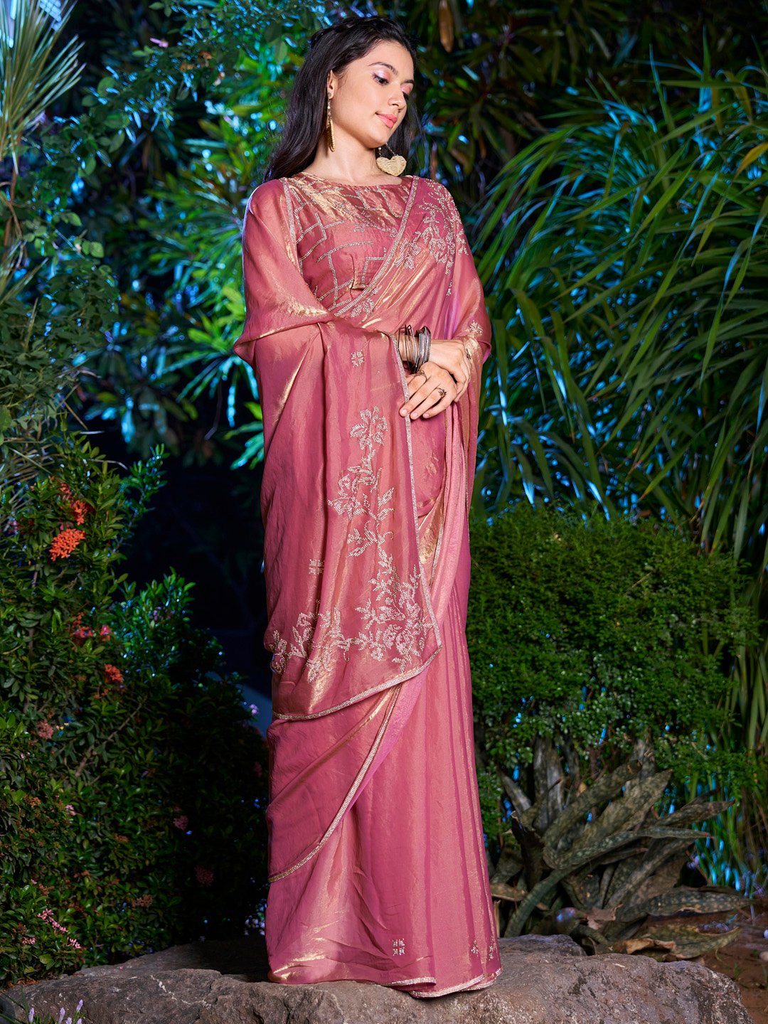 Peach Party Wear Pure Chiffon Embellished Saree